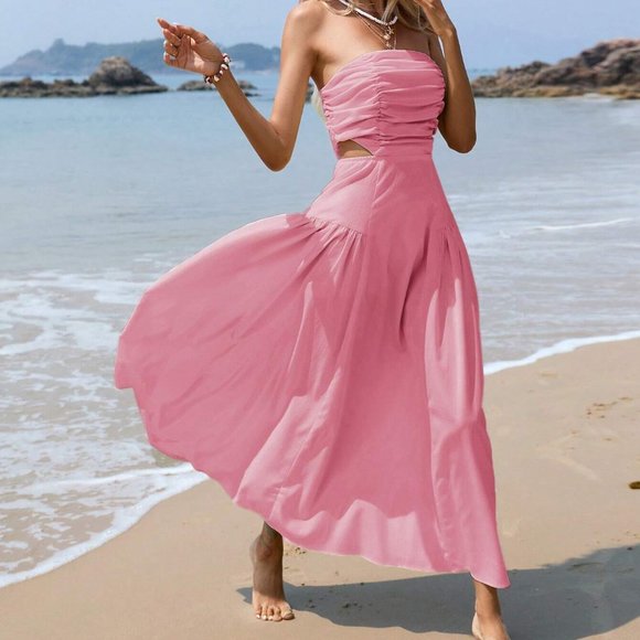 . Dresses & Skirts - Pink Boho Womens Cut Out Waist Ruched Tube Dress